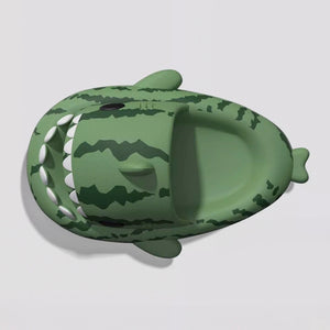 Top view of Cloudsharks™ Watermelon Shark Slides with wide shark mouth and detailed watermelon stripe design.