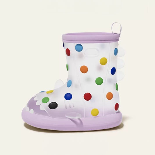 Adorable purple rainbow polka dot shark rain boots for toddlers, featuring colorful dots, shark teeth design, and lightweight waterproof material for rainy day play.