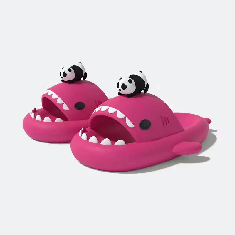 Pair of deep pink Panda Shark Slides with a tiny panda figure on top, sold by cloudsharks.shop. The design is cute and made from thick EVA for a cushioned, cloud-like feel.