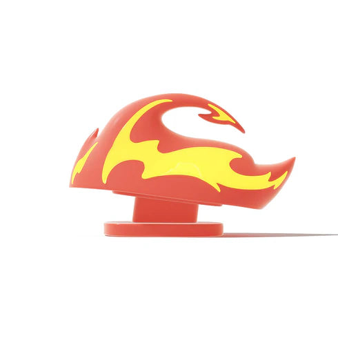 Side profile of the Fire Kaiju Shark Fin, showcasing its dynamic, sculpted shape and bright yellow flame design on a red base. This snap-on accessory for Cloudsharks slides glows in the dark. Available at cloudsharks.shop.