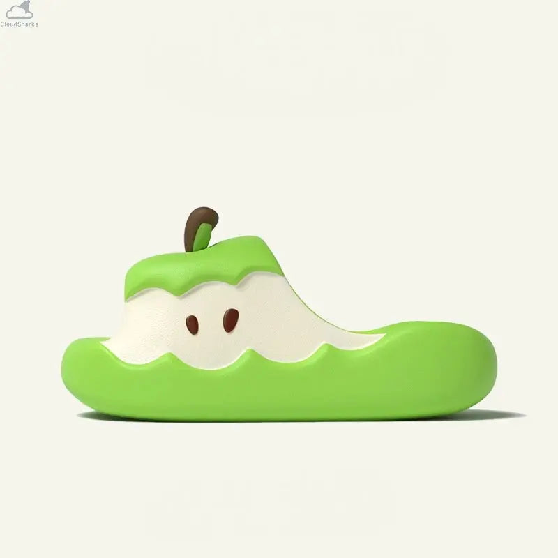 Side view of a bright green Apple Cloud Slide with apple core detail, ultra-cushioned shark slides alternative.