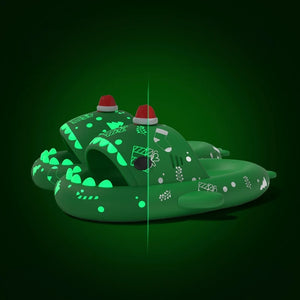 Green Cloudsharks Christmas holiday shark slides featuring 3D Santa hat toppers, festive candy cane prints, and glowing green shark teeth.
Green Christmas Holiday Shark Slides featuring a 3D mini Santa hat topper, holiday gift boxes, candy canes, stocking prints, and glowing green teeth shown in a split-screen view.
