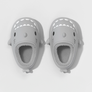 Grey plush shark slippers with soft fleece interior, lightweight winter shark slides, non-slip cloudsharks house shoes for cold weather
