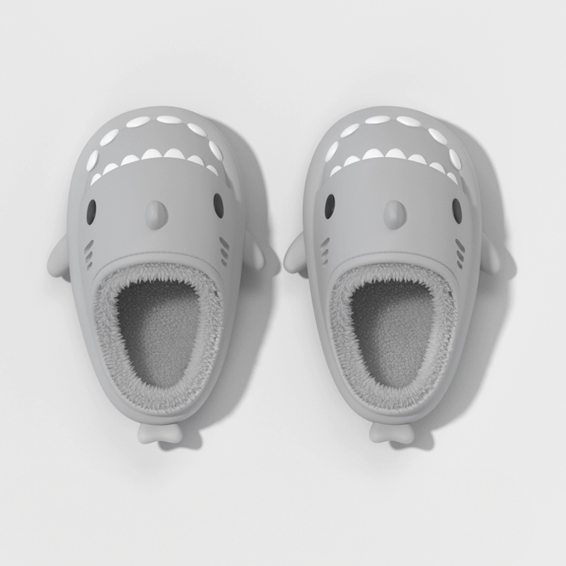 Grey plush shark slippers with soft fleece interior, lightweight winter shark slides, non-slip cloudsharks house shoes for cold weather