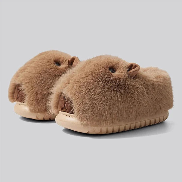 Side view of khaki sleepy capybara slippers from cloudsharks.shop, plush animal shark slippers with soft fur and EVA sole for indoor outdoor comfort
