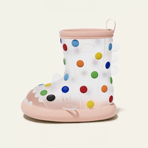 Pink-based kids shark rain boots with vibrant rainbow polka dots, cute shark face mouth, easy-pull handle, and anti-slip sole for outdoor adventures.