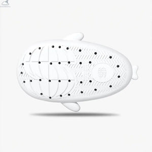 Bottom outsole view of white Cloudsharks Panda Family Shark Slides highlighting the anti-slip tread pattern, flexibility, and cushioned traction design. Bottom view displaying the non-slip outsole pattern of the white Panda Family Shark Slides with drainage holes and textured traction lines.