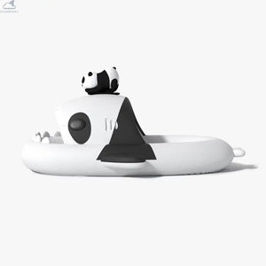 Side profile of white and black Panda Family Shark Slides by Cloudsharks showing thick cushioned cloud soles, shark teeth, and a 3D panda ornament on top. Side-view profile of the black and white Panda Family Shark Slides featuring a 3D mini panda figure resting on top of the shark's head.