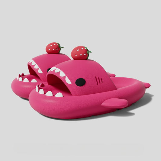 Pink strawberry shark slides, cloudshark soft shark slippers, waterproof cute sandals with strawberry fin for indoor and outdoor use.