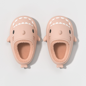 Pink winter shark slippers with soft plush lining, cute cartoon shark slides, warm lightweight cloudsharks house slippers for women and kids