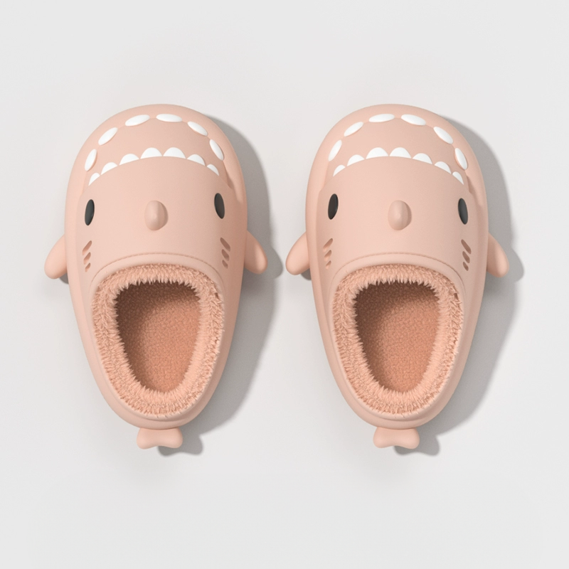 Pink winter shark slippers with soft plush lining, cute cartoon shark slides, warm lightweight cloudsharks house slippers for women and kids