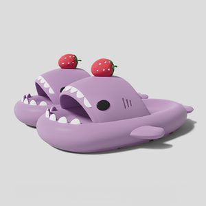 Purple strawberry shark slides, also called cloudshark slippers, soft waterproof shark slippers with strawberry fin design.
