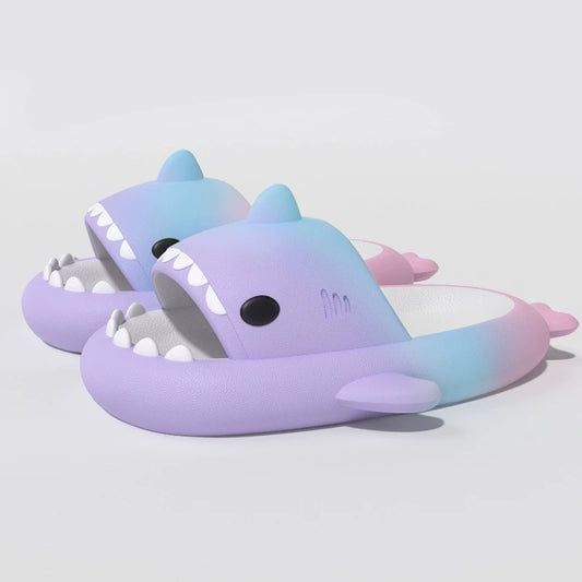 Purple blue powder gradient shark slides and shark slippers offering a soft cushioned fit, playful shark design, and anti-slip grip, available at CloudSharks.shop.

