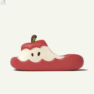 Side profile of a vibrant red Apple Cloud Slide with cute apple core pattern, lightweight shark slippers for home.