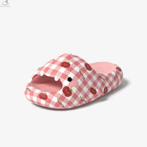 Pink apple gingham Sharky Apple shark slides showing cute shark slippers teeth detail by Cloudsharks