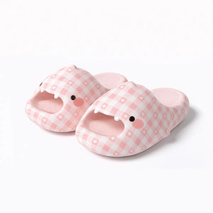 Adorable pair of pink gingham open-toe shark slippers from cloudshark.shop Sharky Sweet collection, comfy and fun footwear