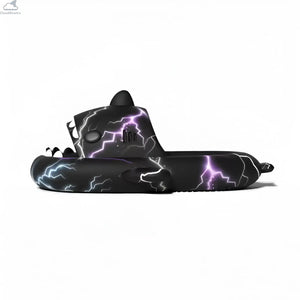 Side profile view of a black Lightning Shark Slide showing the 4cm thick EVA platform sole, side fins, gills, and electric lightning graphic.