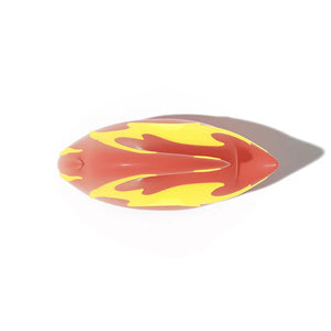 Top-down view of the Fire Kaiju Shark Fin accessory, highlighting the symmetrical flame graphics on the red fin. This custom snap-on part for Cloudsharks slides is a unique, glow-in-the-dark addition from cloudsharks.shop.