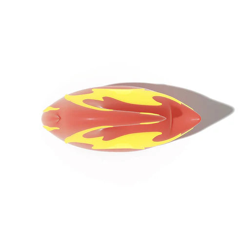 Top-down view of the Fire Kaiju Shark Fin accessory, highlighting the symmetrical flame graphics on the red fin. This custom snap-on part for Cloudsharks slides is a unique, glow-in-the-dark addition from cloudsharks.shop.