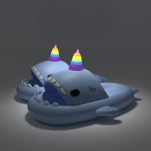 Explore Blue Unicorn Shark Slides featuring playful shark teeth and rainbow unicorn horns. Available now at Cloudsharks.shop.