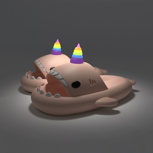 Shop Pink Unicorn Shark Slides with colorful rainbow horns and a fun shark design. Perfect for comfort and style at Cloudsharks.shop.