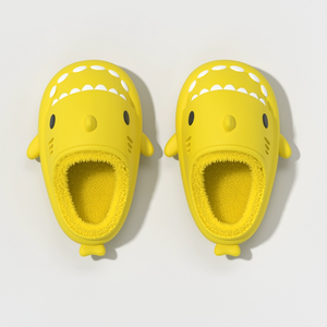 Yellow cartoon shark slides with fluffy lining, cute winter shark slippers, soft EVA cloudsharks indoor slippers for family use