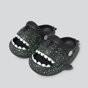 Black Cloudsharks glow in the dark shark slippers for kids – fun and comfy shark clogs with teeth and fins for boys and girls