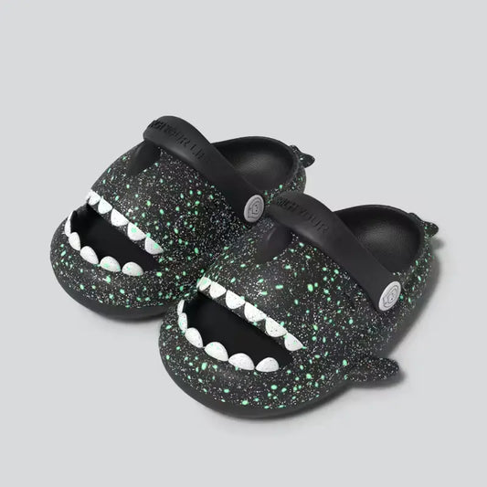 Black Cloudsharks glow in the dark shark slippers for kids – fun and comfy shark clogs with teeth and fins for boys and girls