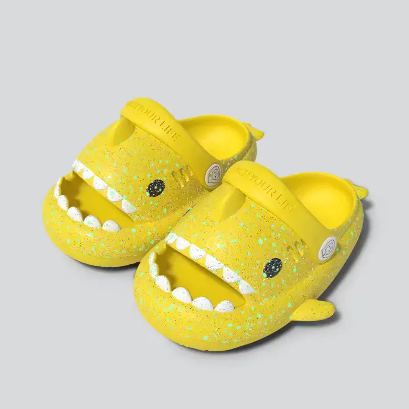 Cloudsharks yellow luminous shark slippers for kids – glow in the dark cute shark clogs with open mouth and teeth design