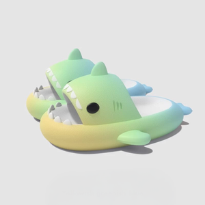 Kids shark slippers in green, yellow, and blue gradient – Original Lollipop Gradient Shark Slides with 3D fins and teeth design, perfect for summer wear.